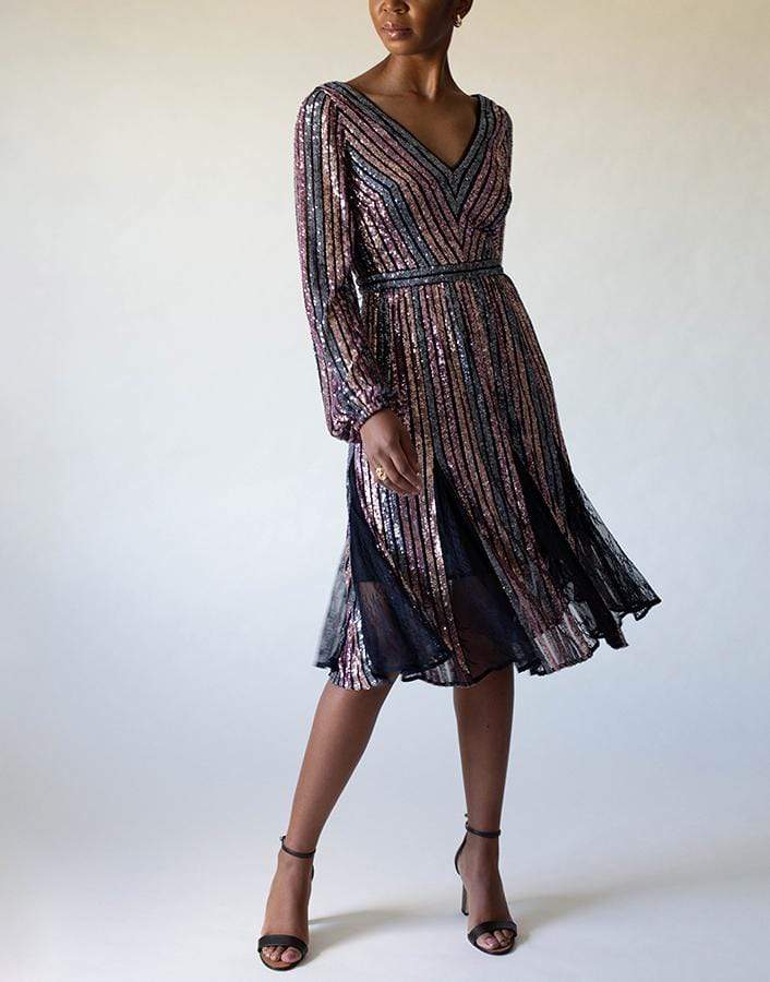 MARCHESA NOTTE-Long Sleeve V-Neck Striped Sequin Cocktail Dress-