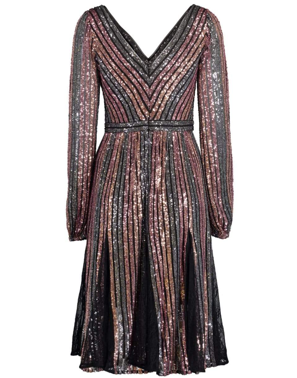 MARCHESA NOTTE-Long Sleeve V-Neck Striped Sequin Cocktail Dress-