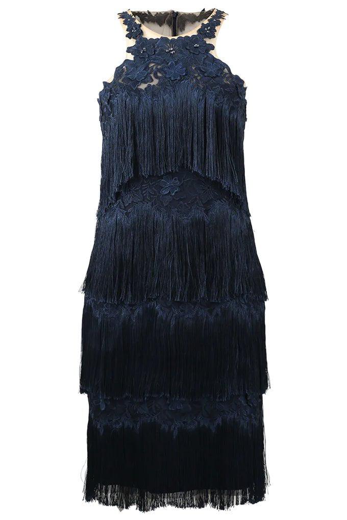 MARCHESA NOTTE-Fringe Cocktail Dress-NAVY