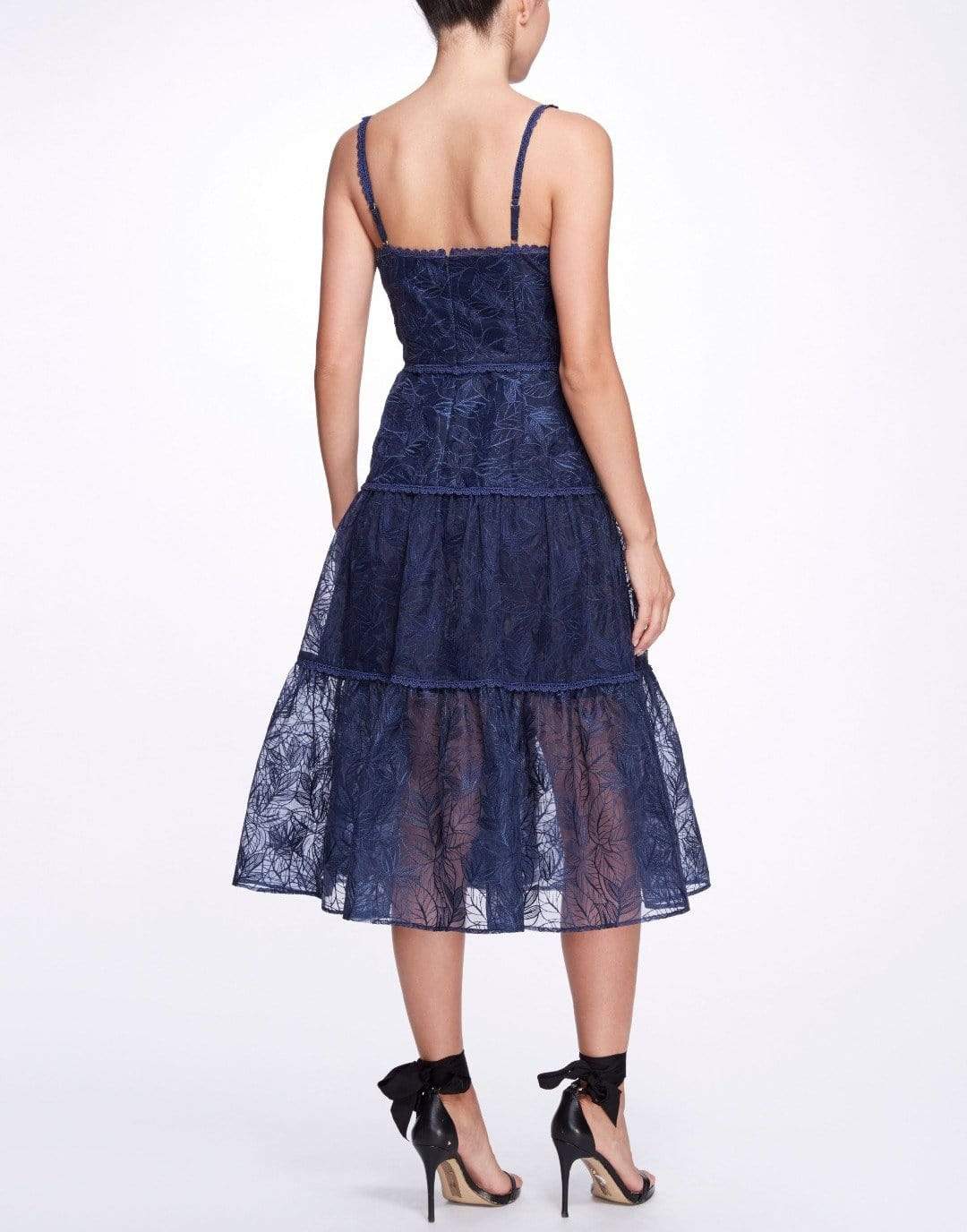 MARCHESA NOTTE-Navy Sleeveless Burnout Chiffon Wrap Dress-