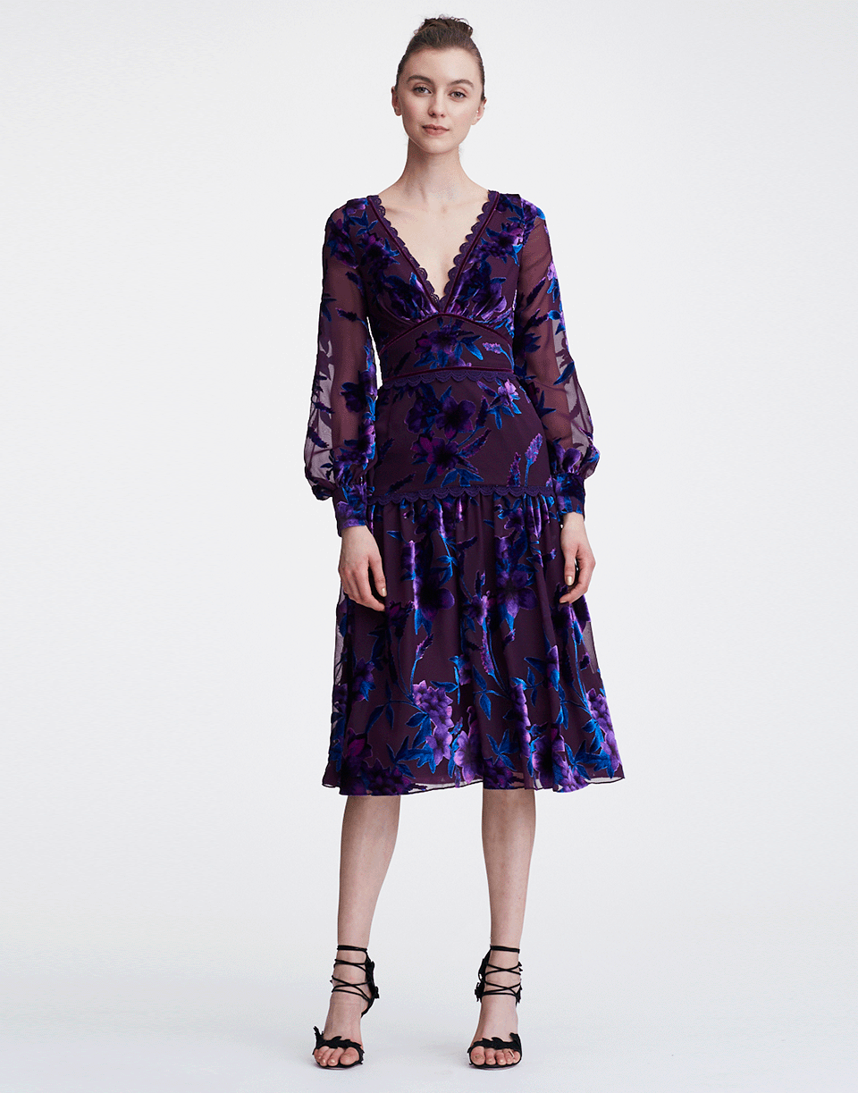 MARCHESA NOTTE-Bishop Sleeve Velvet Burnout Dress-