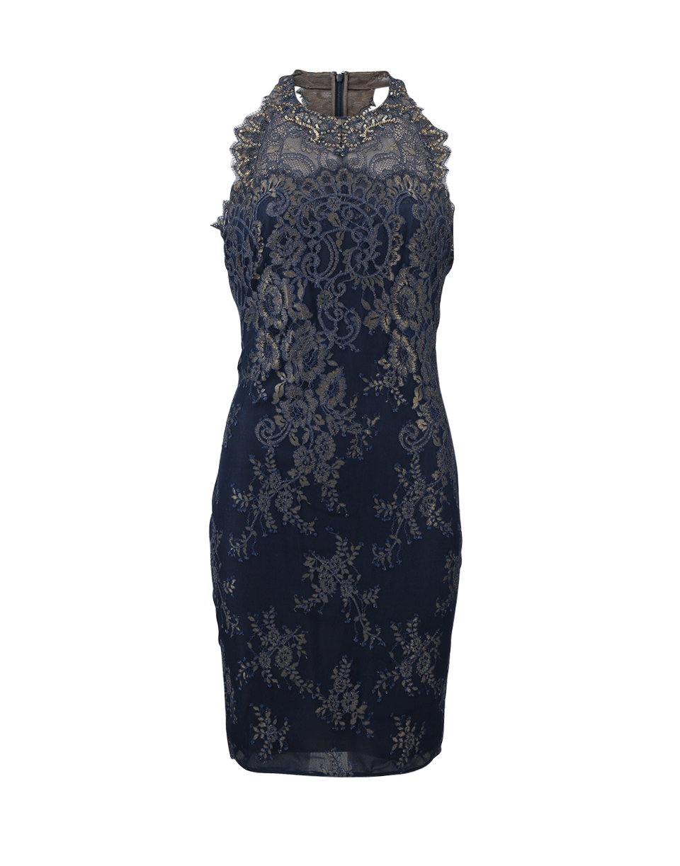 MARCHESA NOTTE-Metallic Lace T-Back Cocktail Dress-