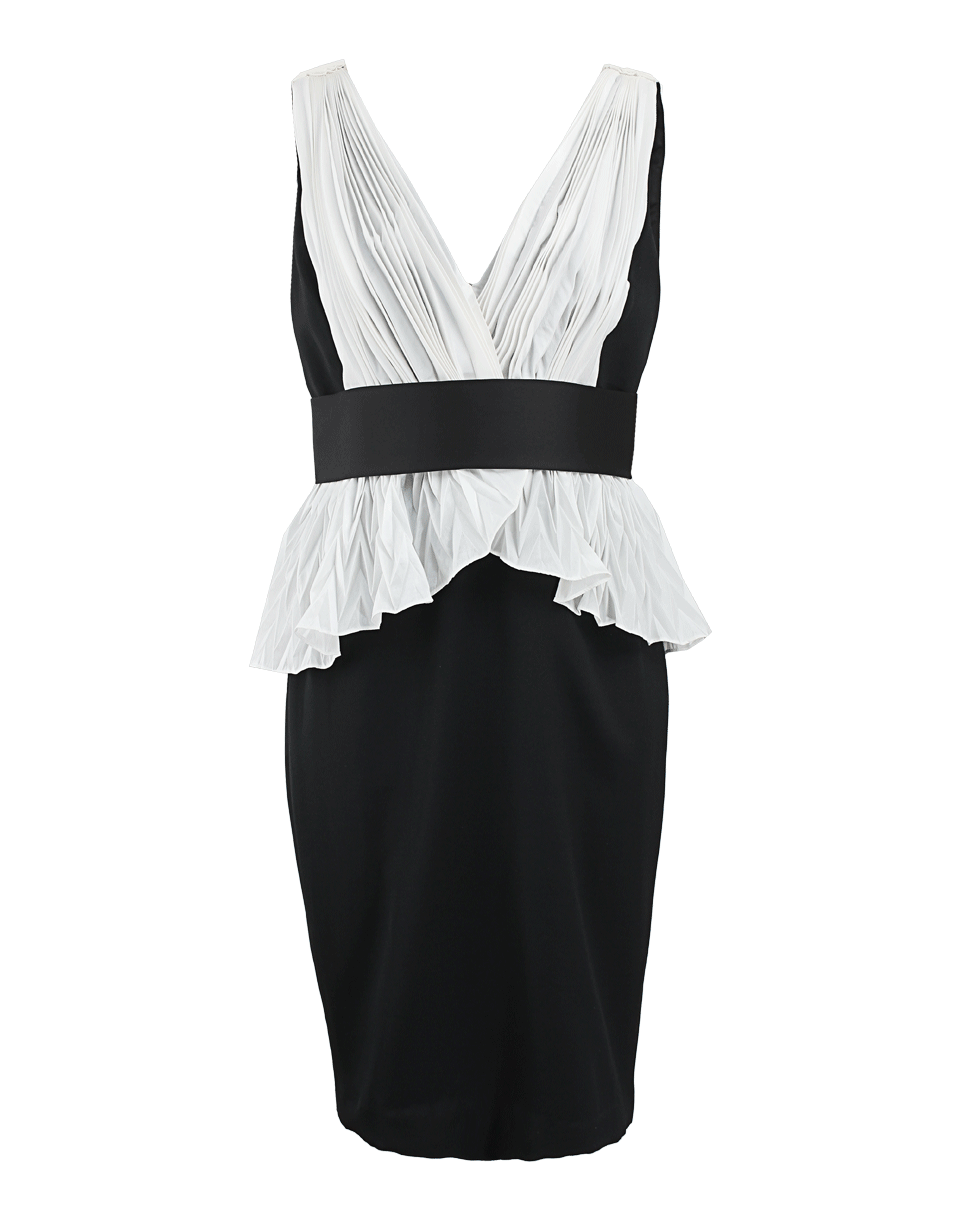 MARCHESA NOTTE-Pleated V Neck Dress with Cumberbund-