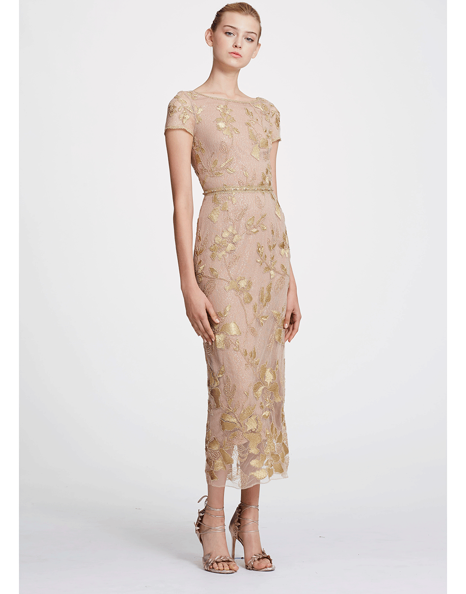 MARCHESA NOTTE-Metallic Floral Embroidered Dress-