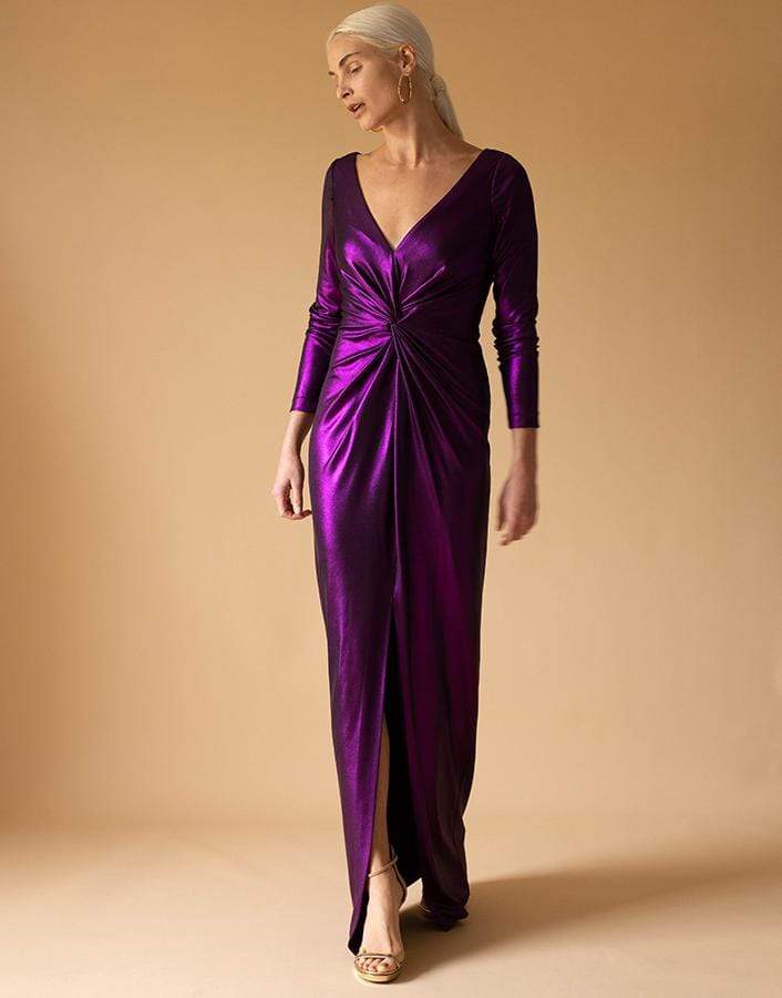 MARCHESA NOTTE-Amethyst Long Sleeve V-Neck Foiled Lame Gown-AMETHYST