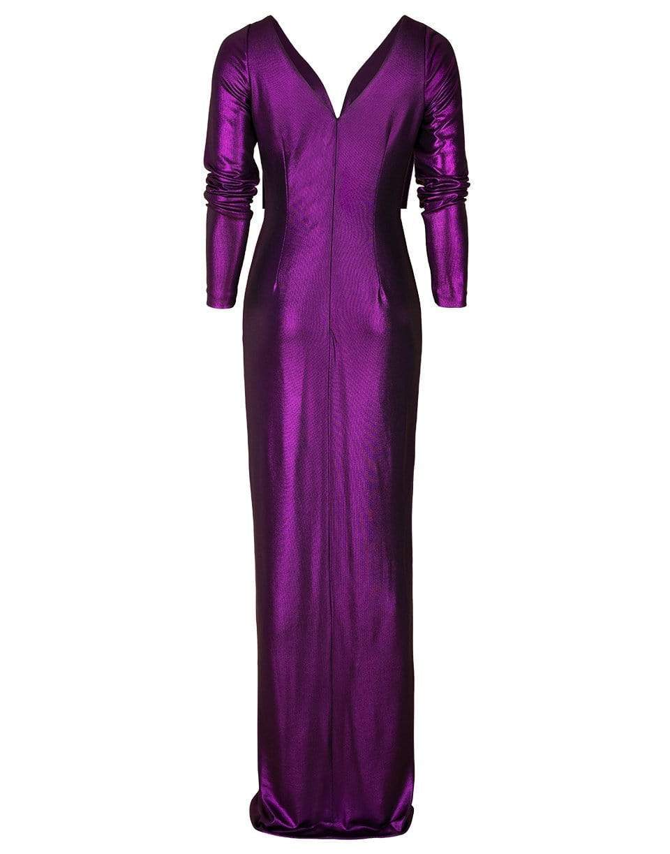 MARCHESA NOTTE-Amethyst Long Sleeve V-Neck Foiled Lame Gown-AMETHYST