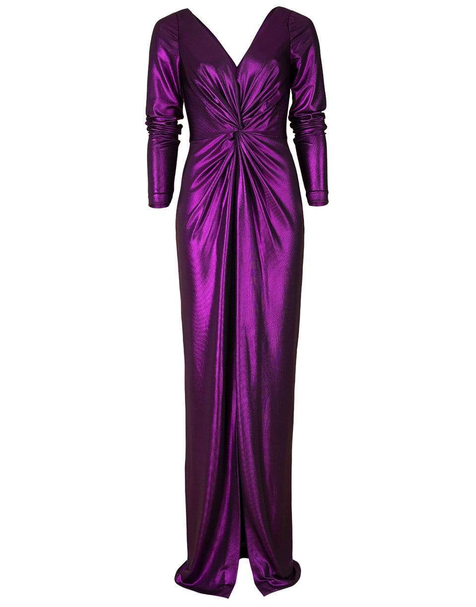 MARCHESA NOTTE-Amethyst Long Sleeve V-Neck Foiled Lame Gown-AMETHYST