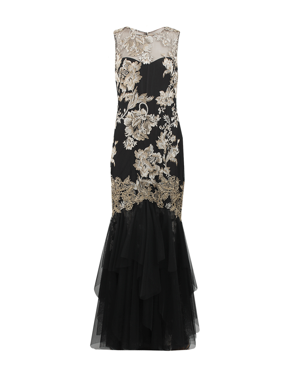 MARCHESA NOTTE-Embroidered Gown With Tulle Overlay-
