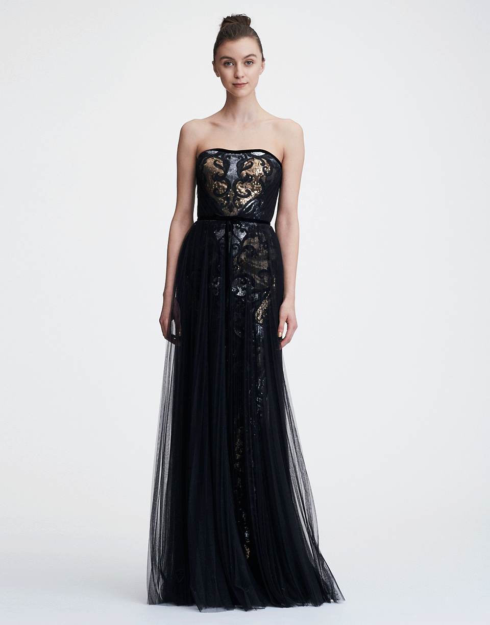 MARCHESA NOTTE-Strapless Sequin Tulle Overlay Gown-