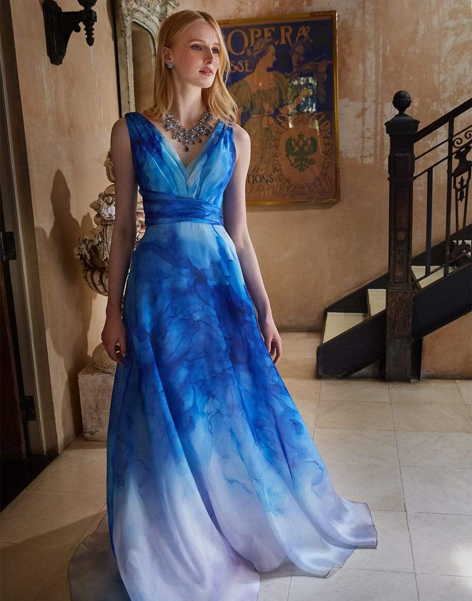 MARCHESA NOTTE-V-Neck Printed Organza Gown-