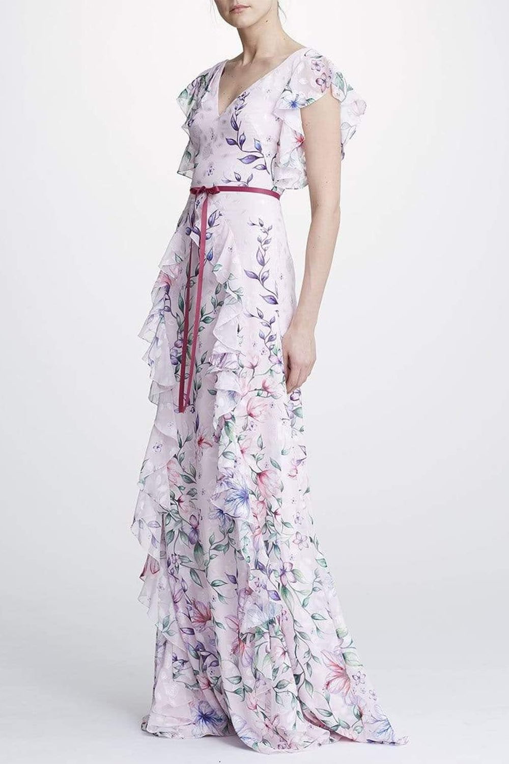 MARCHESA NOTTE-Burnout Chiffon Ruffle Gown-BLUSH
