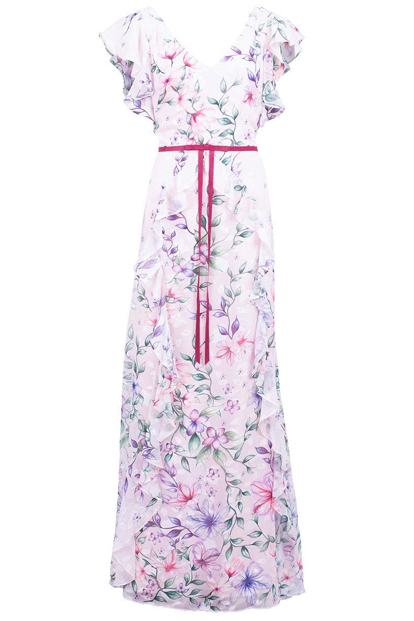 MARCHESA NOTTE-Burnout Chiffon Ruffle Gown-BLUSH