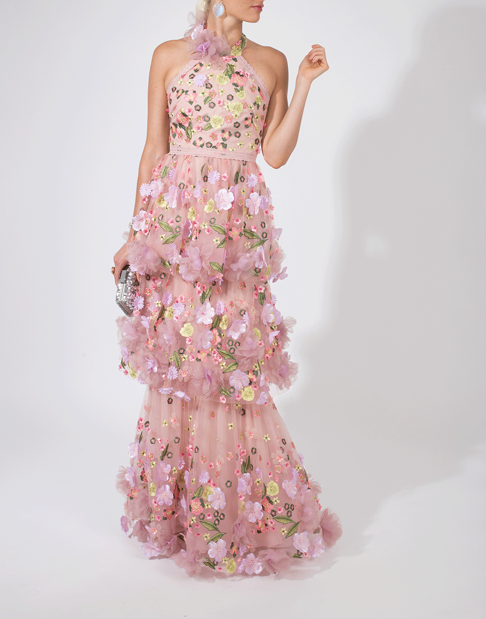 MARCHESA NOTTE-Halter Embroidered Gown-