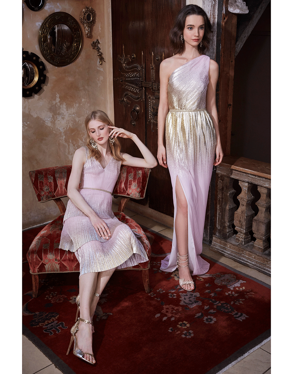 MARCHESA NOTTE-One Shoulder Degrade Foil Gown-