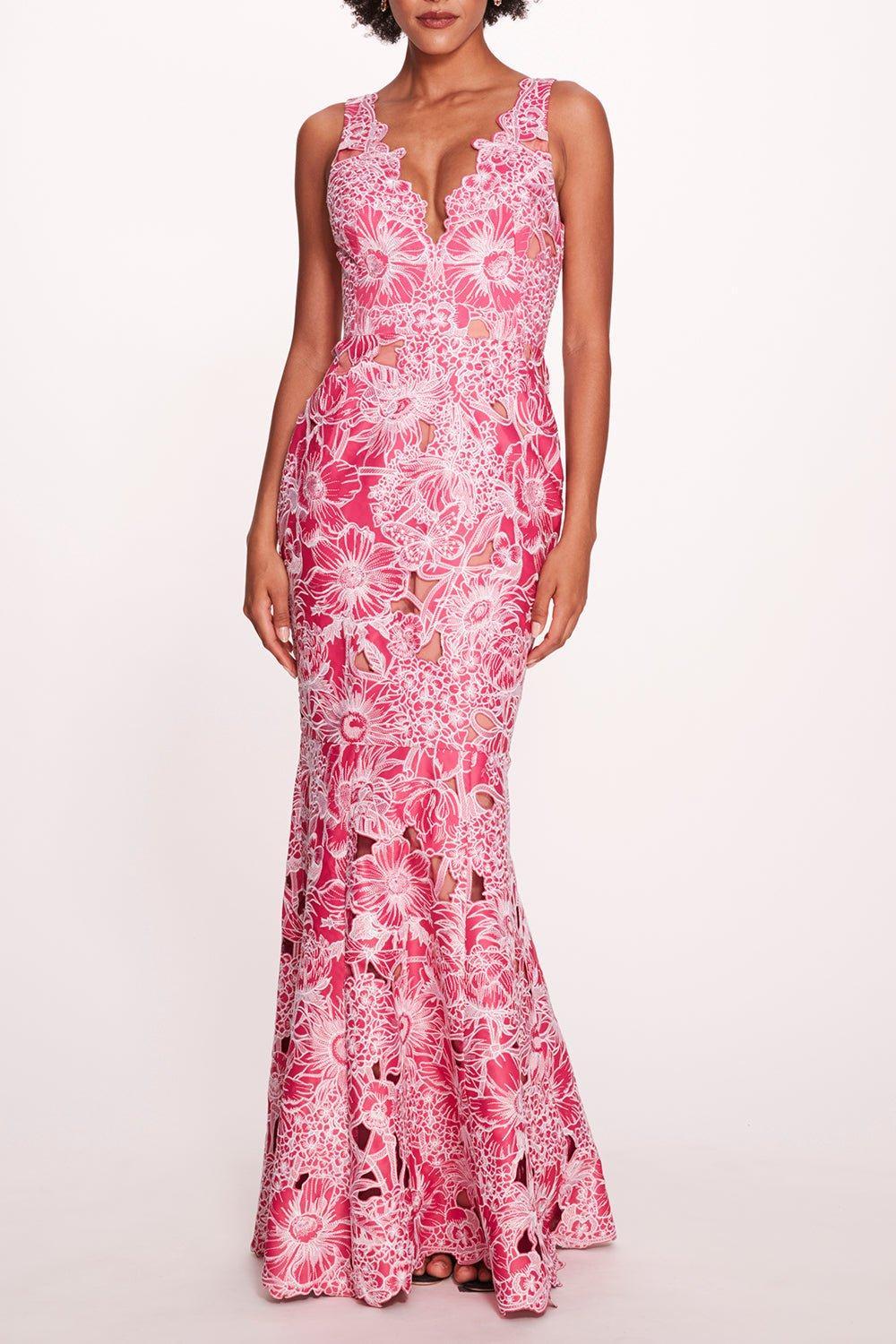 MARCHESA NOTTE-Vneck Flare Gown-