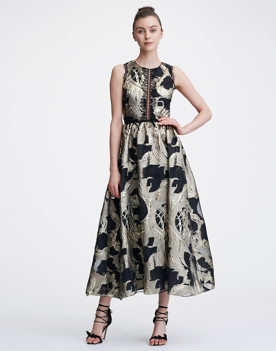 MARCHESA NOTTE-Metallic Tea Length Lace Gown-