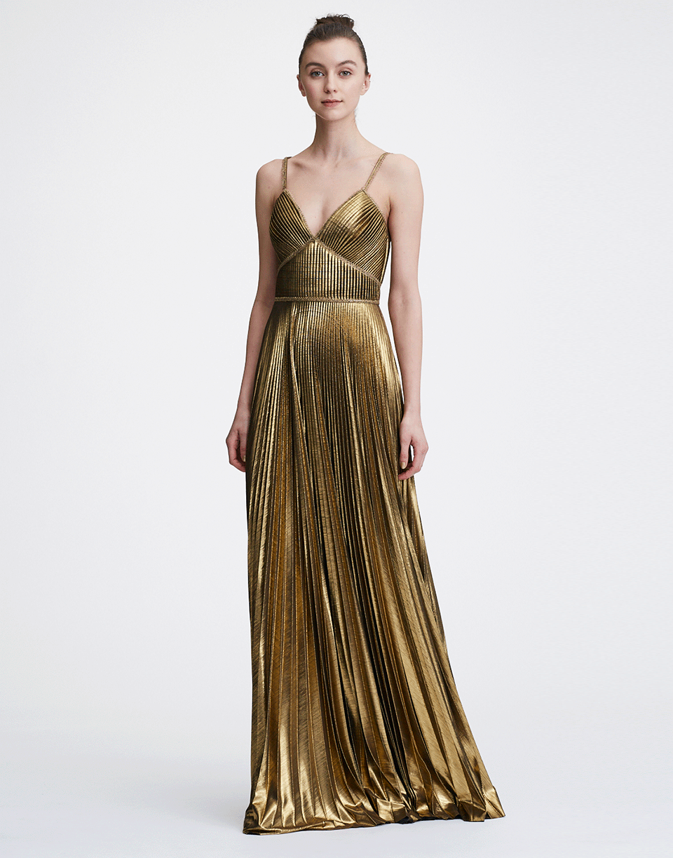 MARCHESA NOTTE-Pleated Lamé Gown-