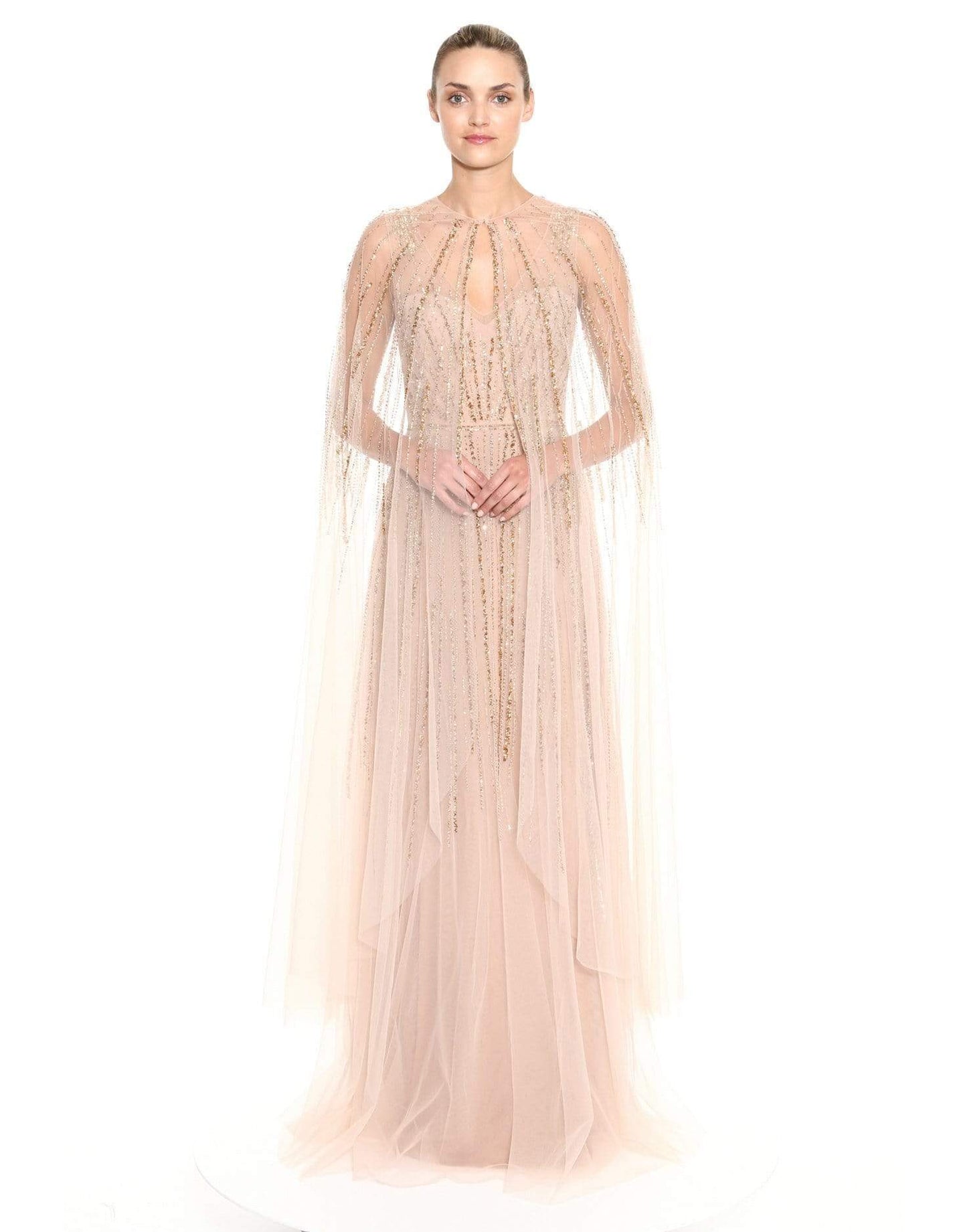 MARCHESA NOTTE-Sleeveless V-Neck Beaded Gown-GOLD