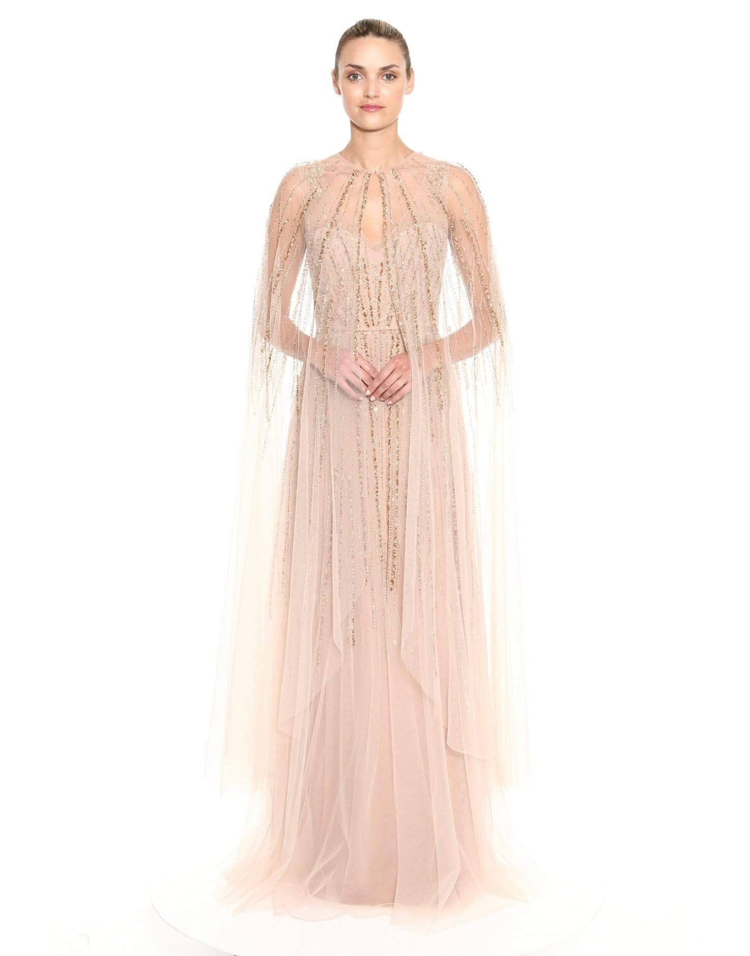 MARCHESA NOTTE-Sleeveless V-Neck Beaded Gown-GOLD