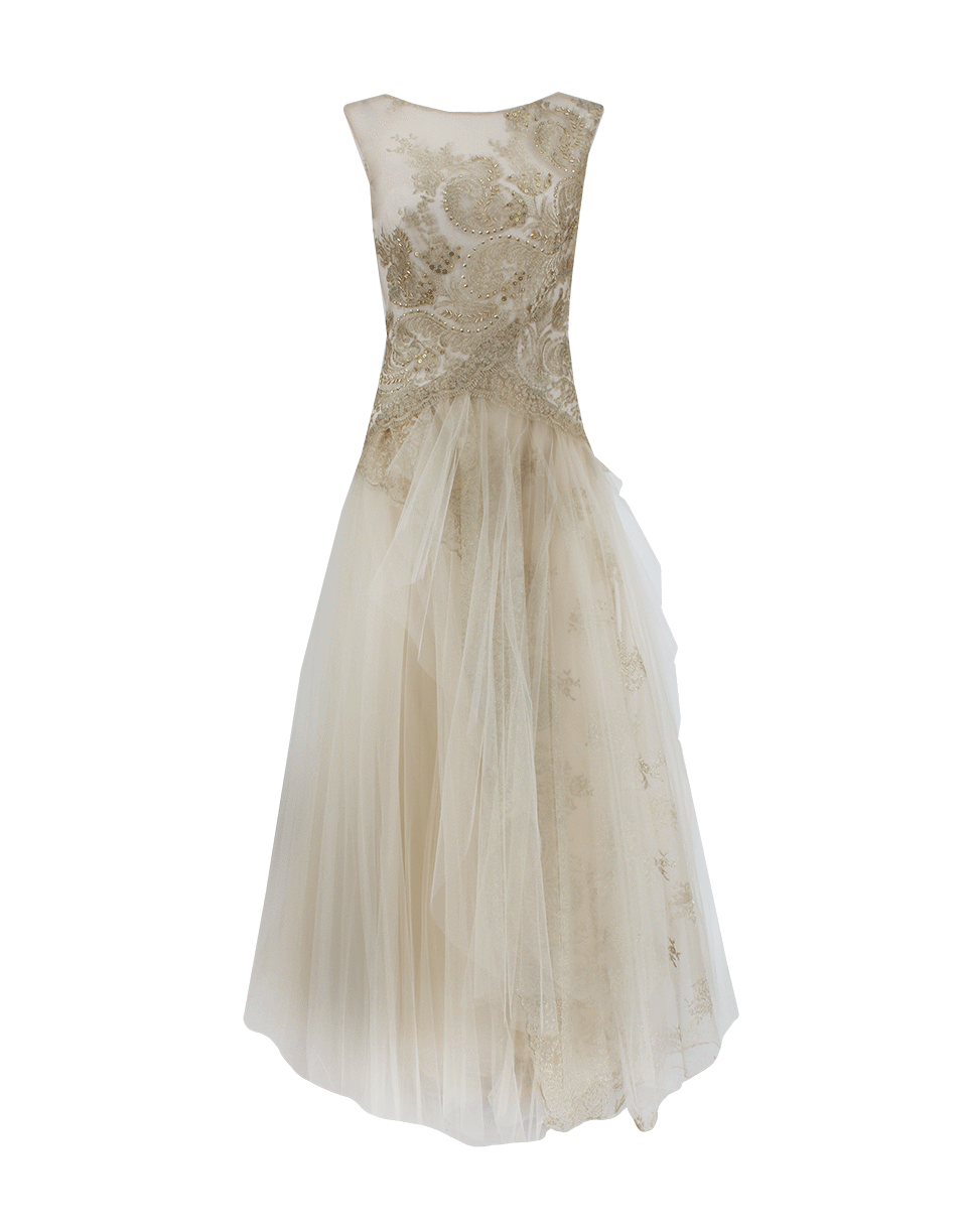 MARCHESA NOTTE-Lace Gown With Tulle Skirt-