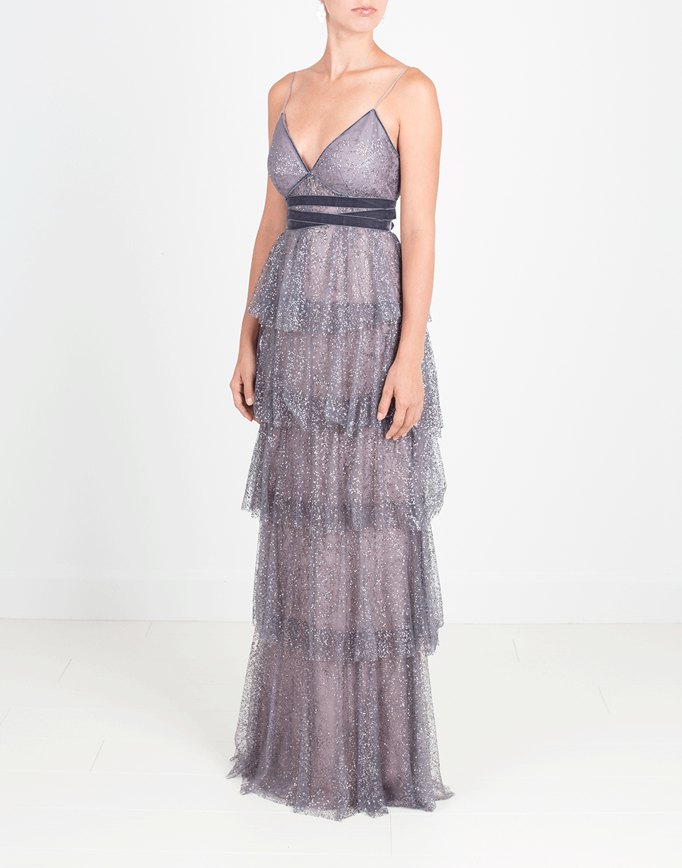 MARCHESA NOTTE-Glitter Tulle Gown-GUNMETAL
