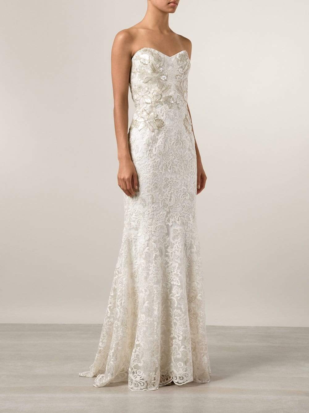 MARCHESA NOTTE-Metallic Threadwork Lace Gown-