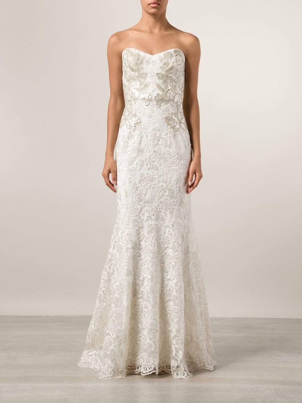 MARCHESA NOTTE-Metallic Threadwork Lace Gown-