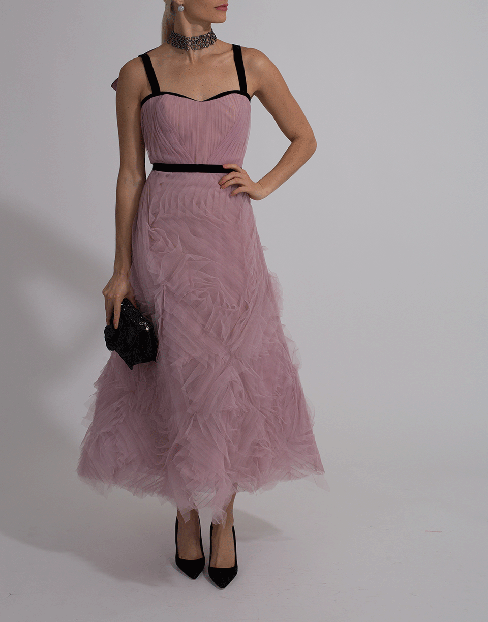 MARCHESA NOTTE-Tea Length Velvet Trim Gown-
