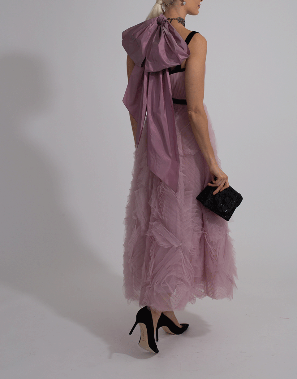 MARCHESA NOTTE-Tea Length Velvet Trim Gown-