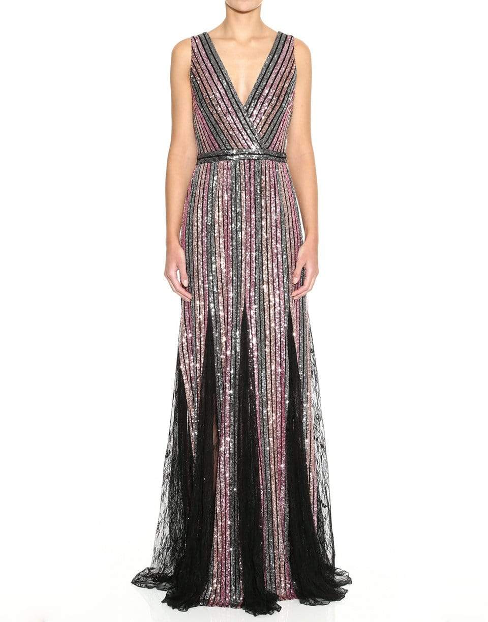MARCHESA NOTTE-Sleeveless V-Neck Striped Sequin Gown-