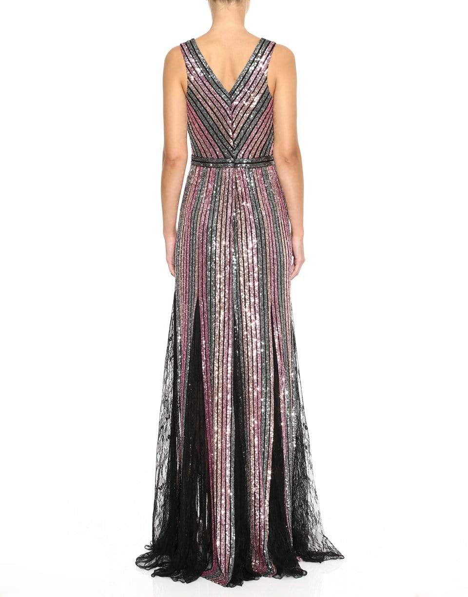 MARCHESA NOTTE-Sleeveless V-Neck Striped Sequin Gown-