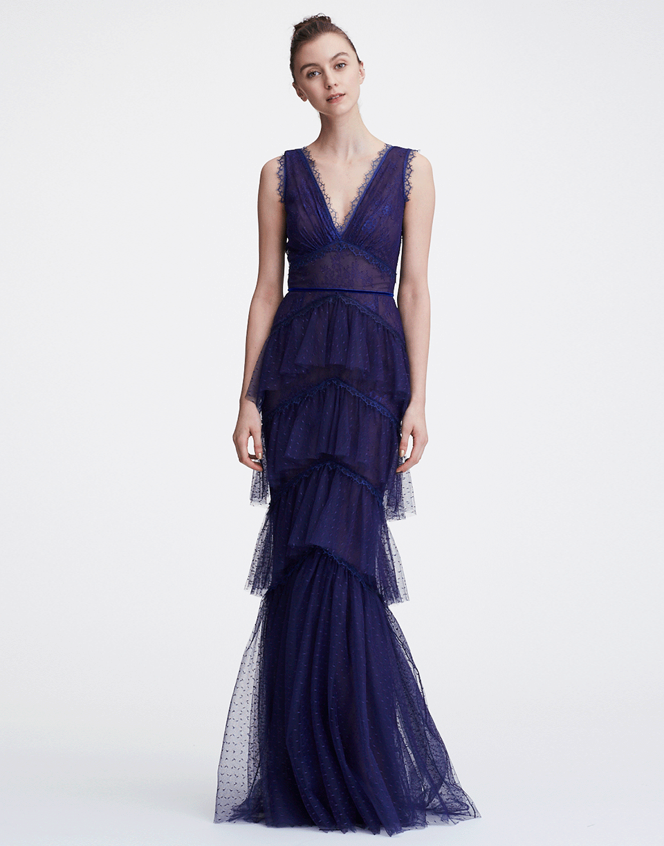 MARCHESA NOTTE-Multi Tiered Lace Gown-