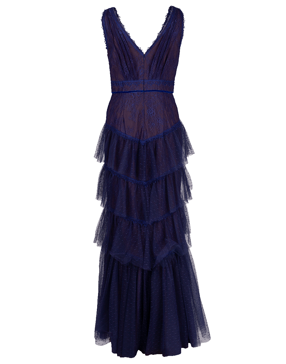MARCHESA NOTTE-Multi Tiered Lace Gown-