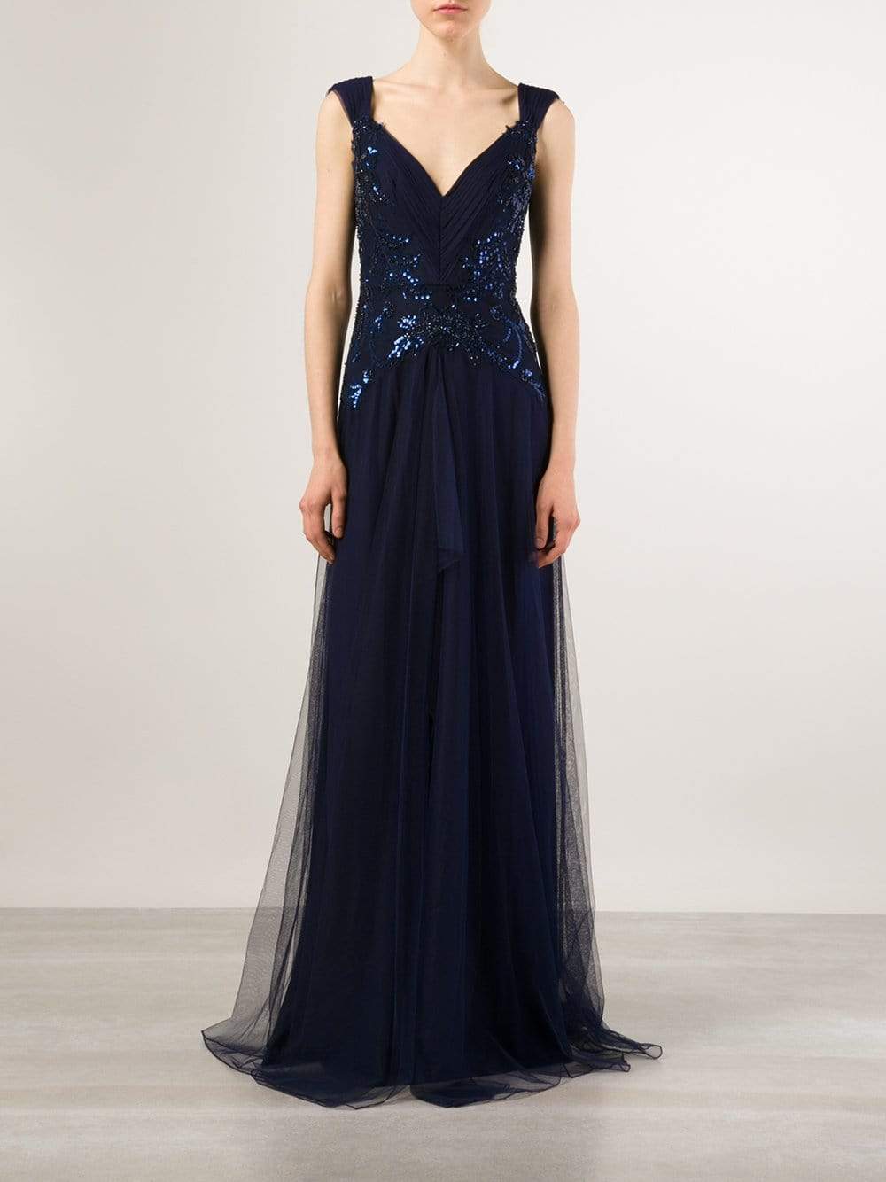 MARCHESA NOTTE-Plunging Neck Draped Tulle Gown-
