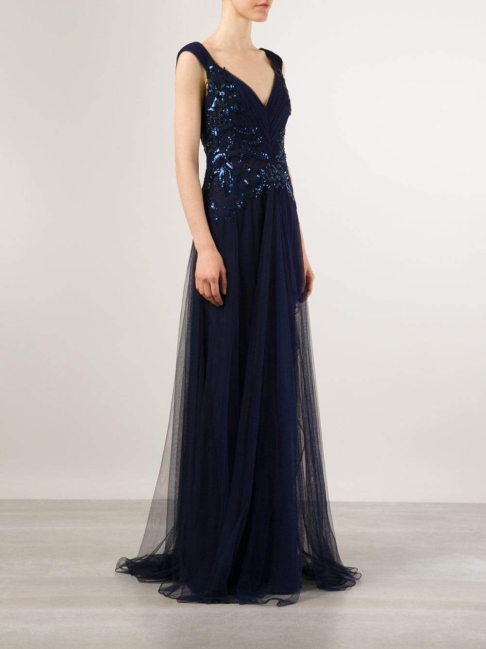 MARCHESA NOTTE-Plunging Neck Draped Tulle Gown-