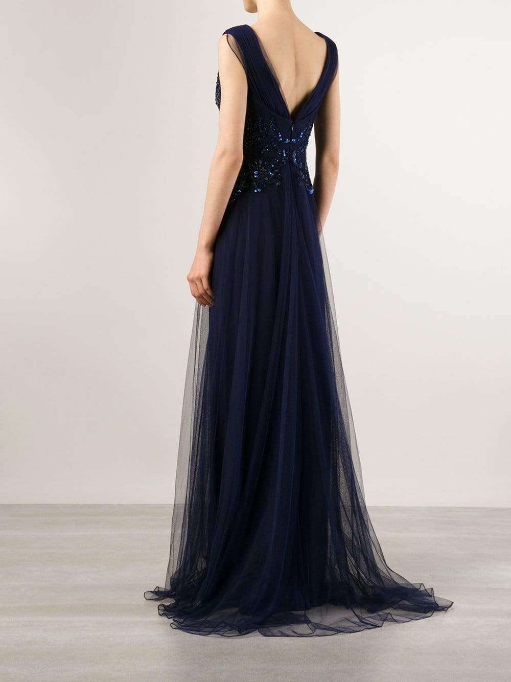 MARCHESA NOTTE-Plunging Neck Draped Tulle Gown-