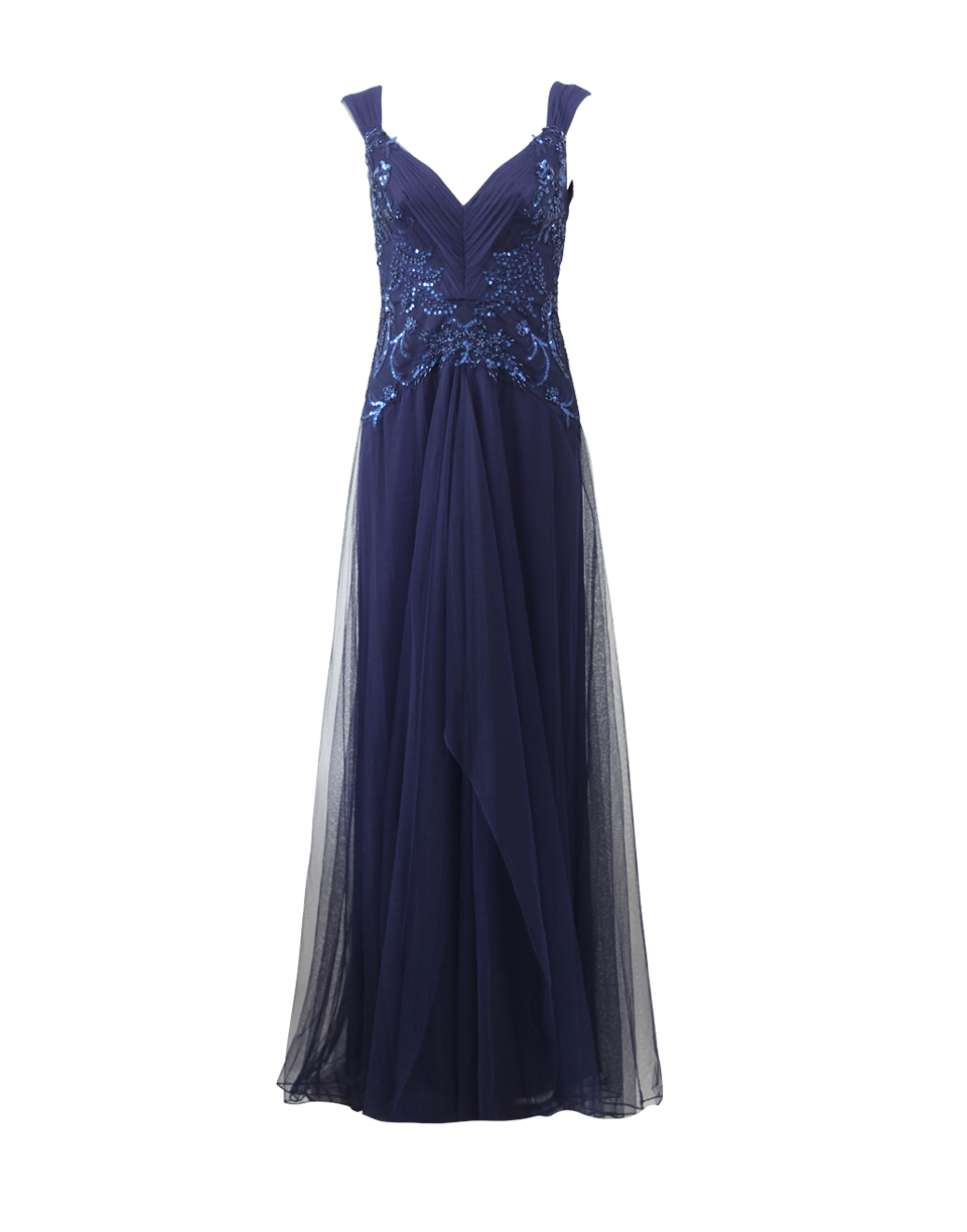 MARCHESA NOTTE-Plunging Neck Draped Tulle Gown-