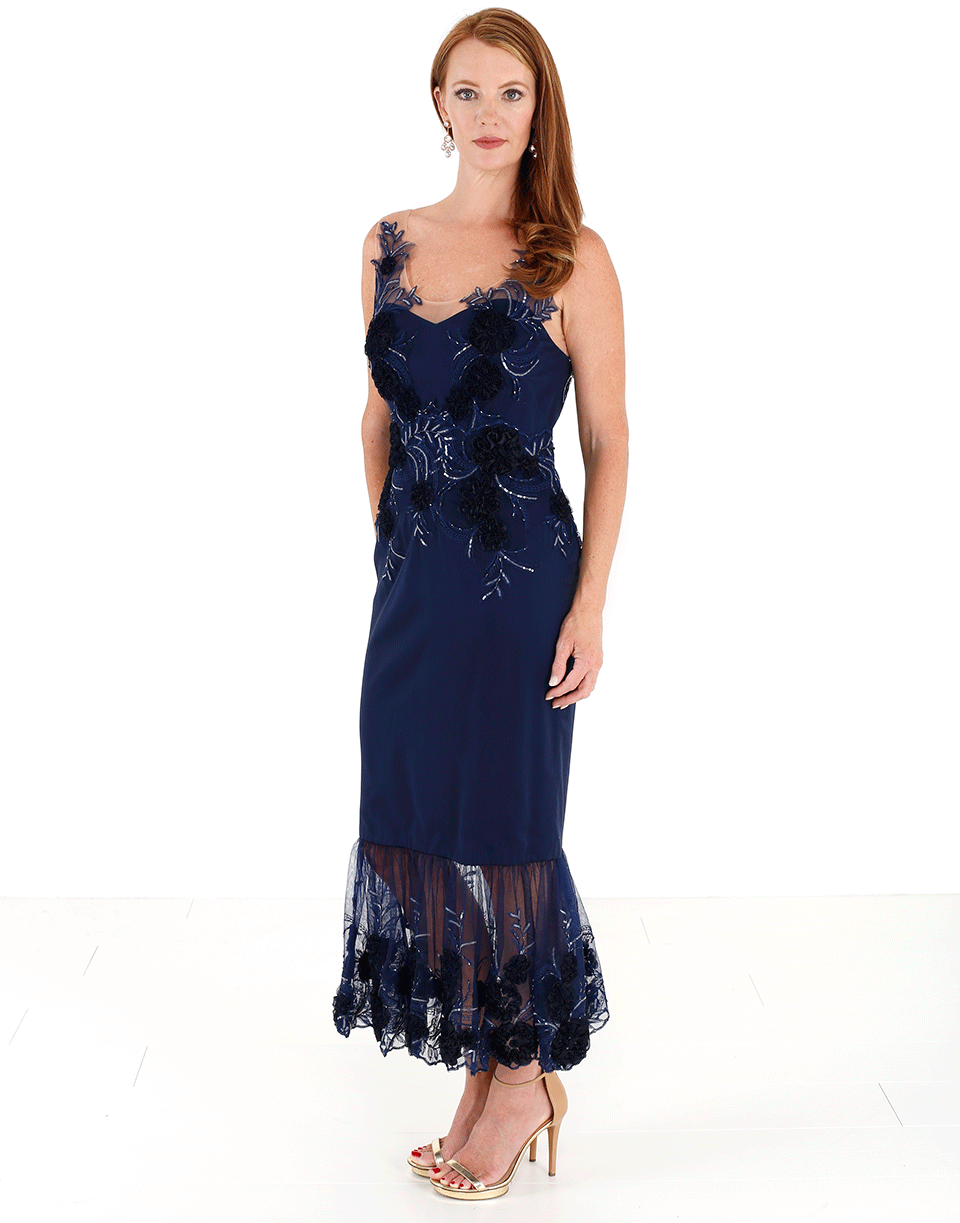 MARCHESA NOTTE-3-D Floral Midi-Length Gown-