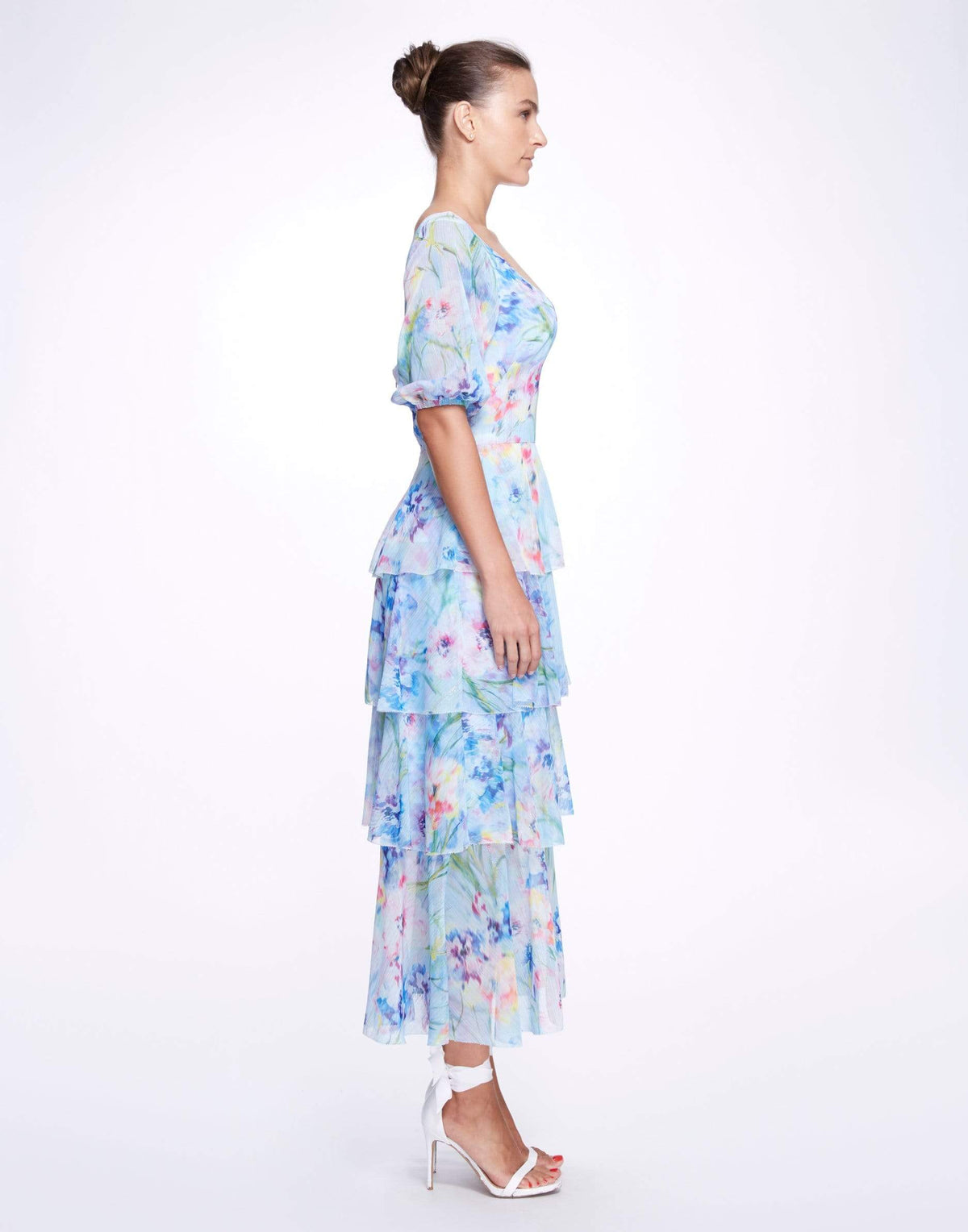  MARCHESA NOTTE-Puff Sleeve Tiered Dress- 