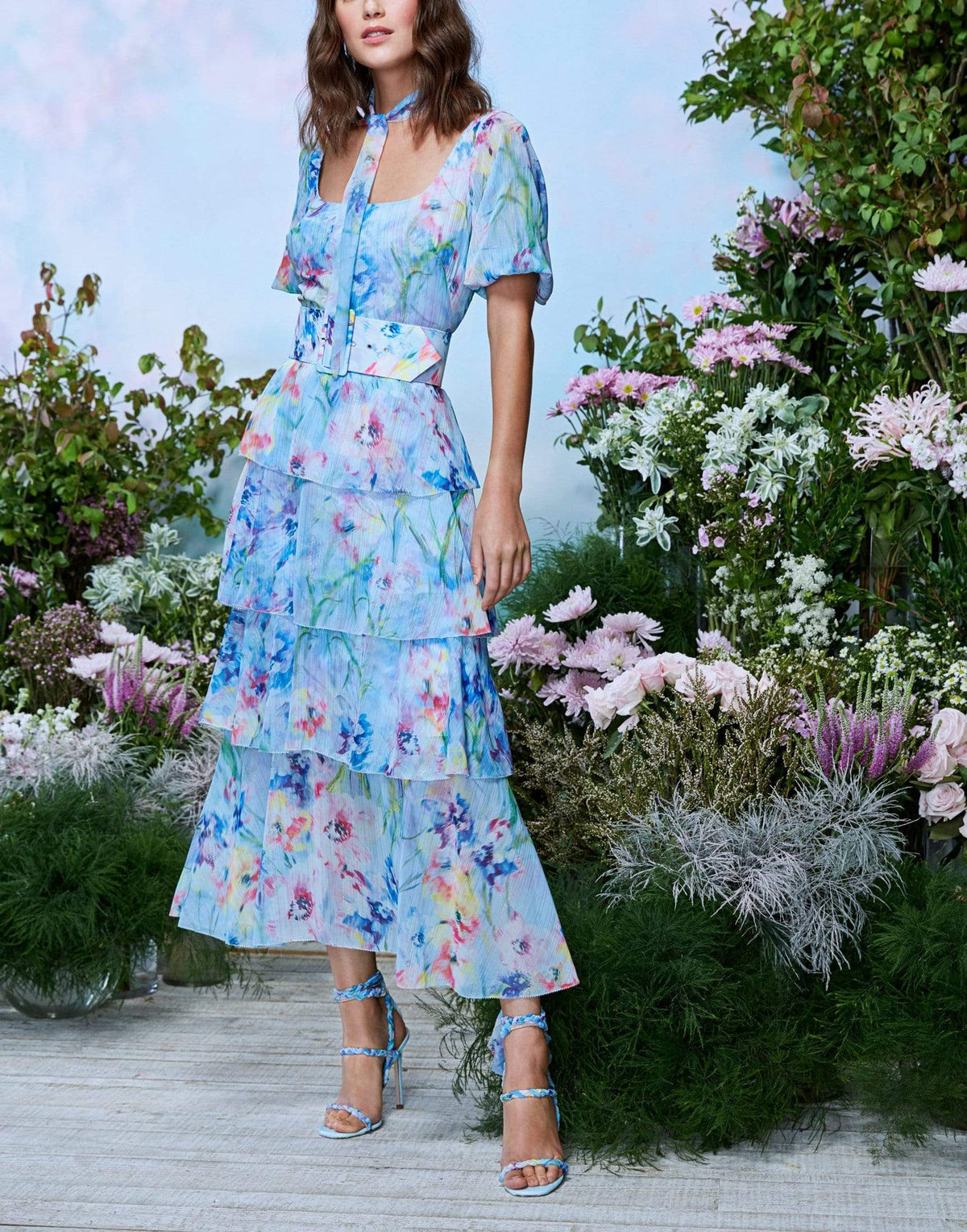  MARCHESA NOTTE-Puff Sleeve Tiered Dress- 