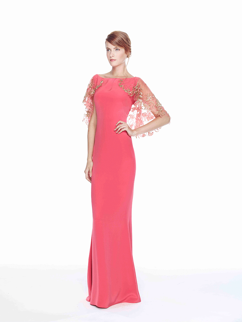 MARCHESA NOTTE-Illusion Embroidered Sleeve Gown-
