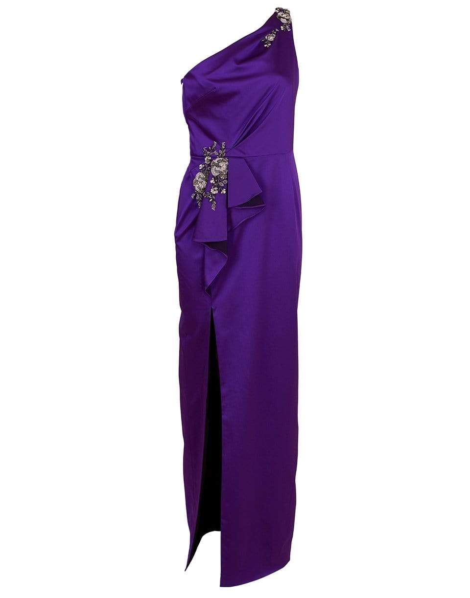 MARCHESA NOTTE-One Shoulder Applique Gown-
