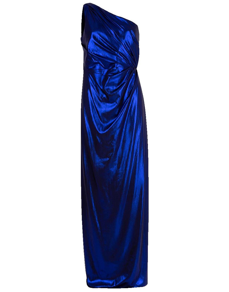 MARCHESA NOTTE-One Shoulder Draped Lamé Gown-