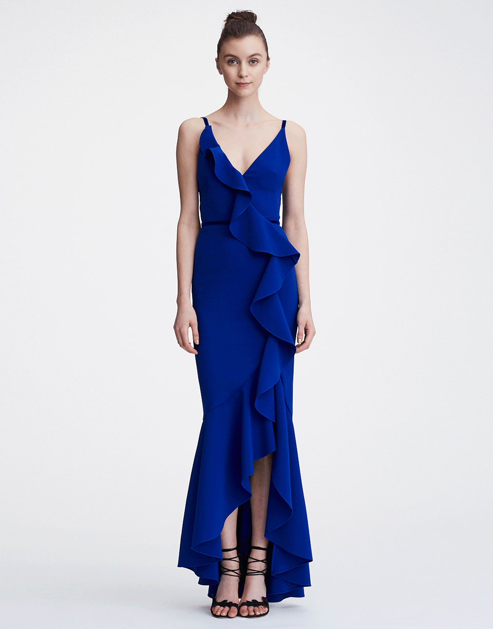 MARCHESA NOTTE-Crepe Velvet Trim Gown-