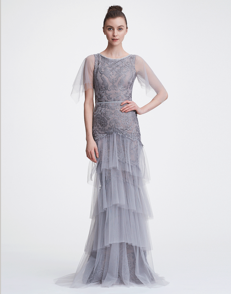 MARCHESA NOTTE-Flutter Sleeve Embroidered Gown-