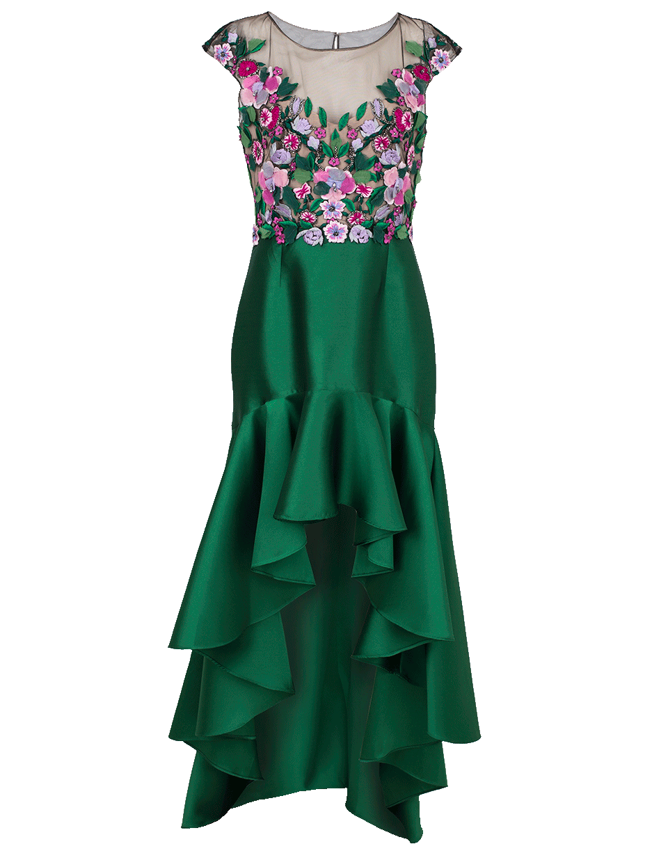 MARCHESA NOTTE-High Low Embroidered Mikado Dress-