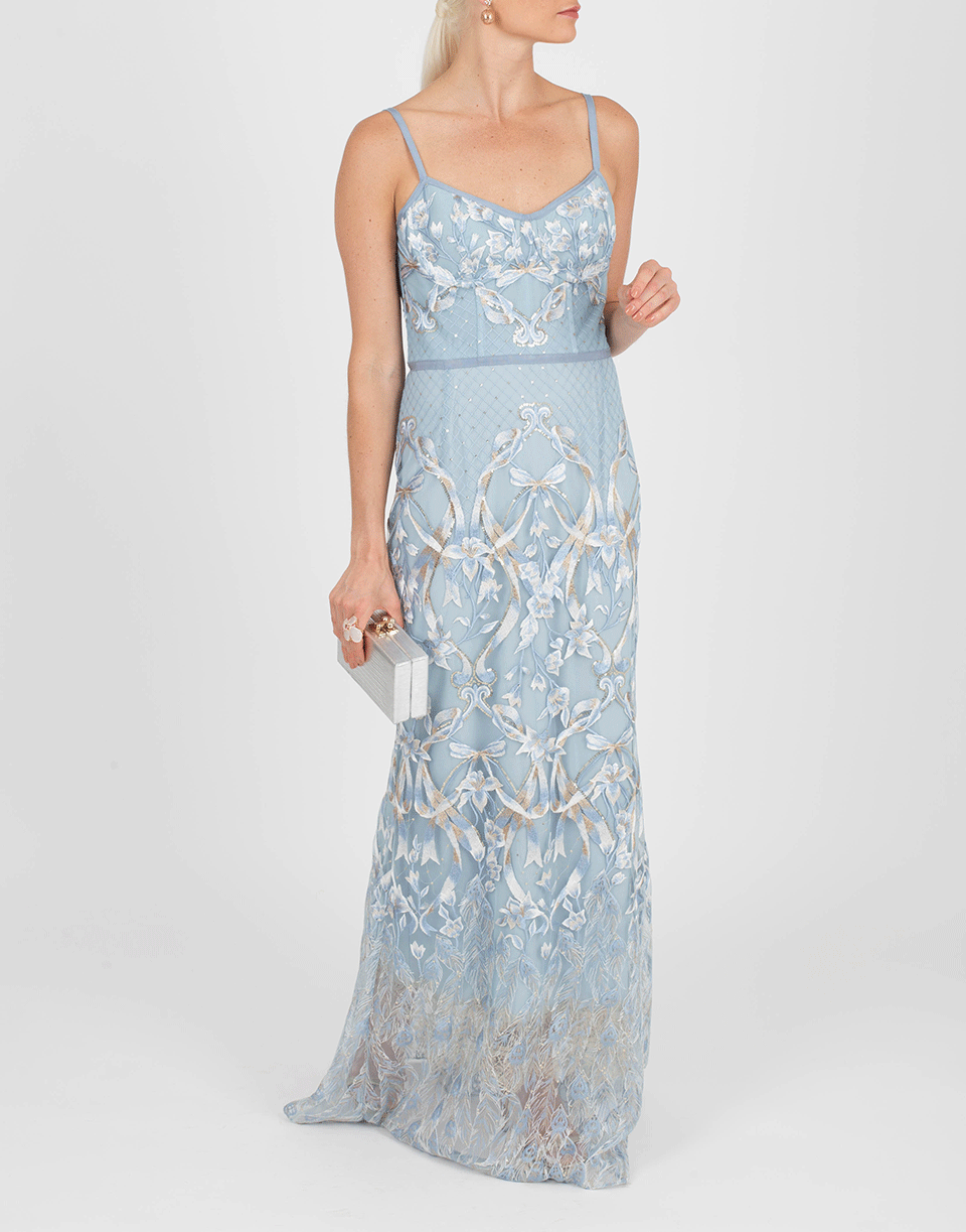 MARCHESA NOTTE-Embroidered Gown-LT BLUE