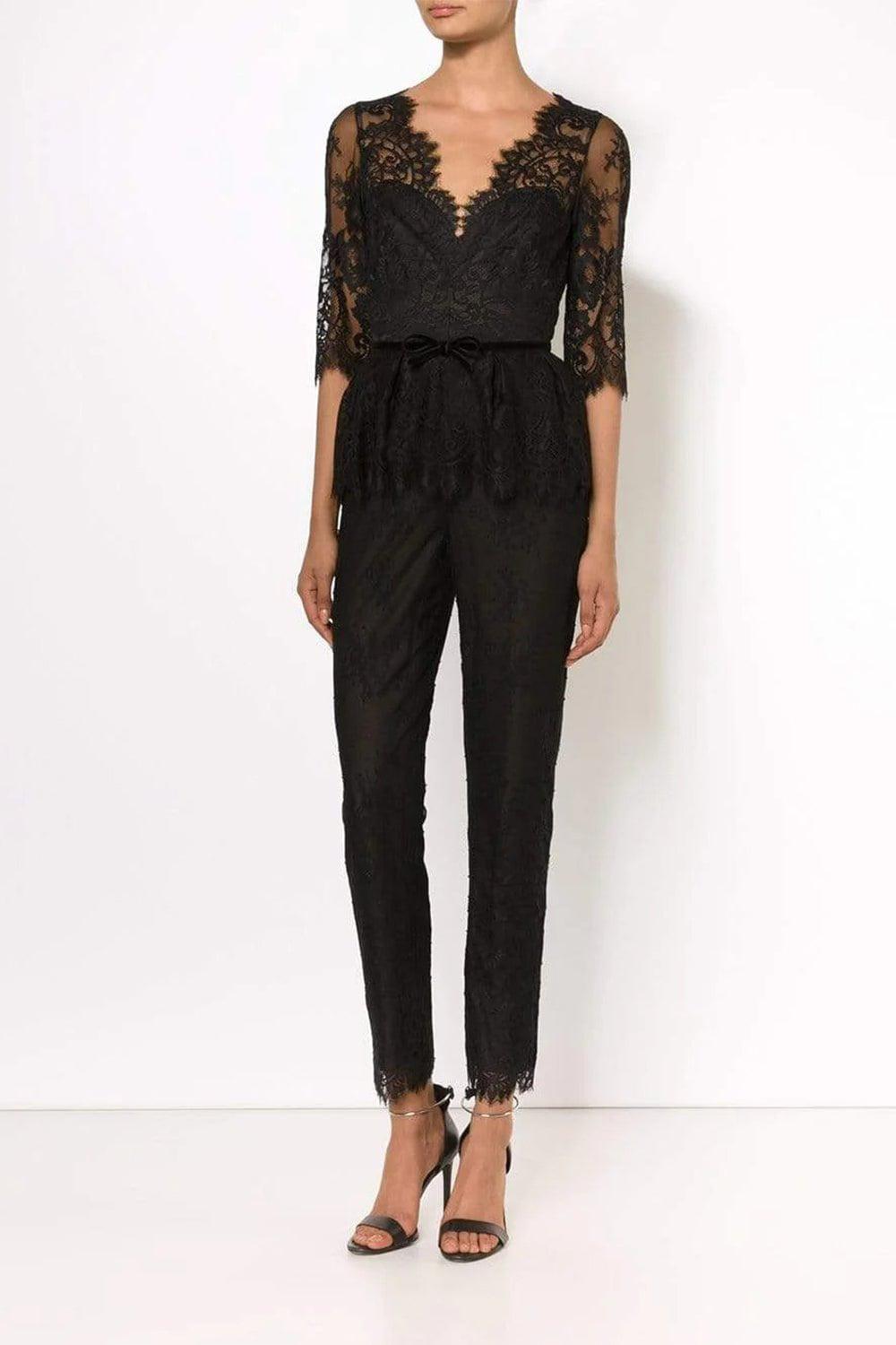 MARCHESA NOTTE-Belted Lace Jumpsuit-