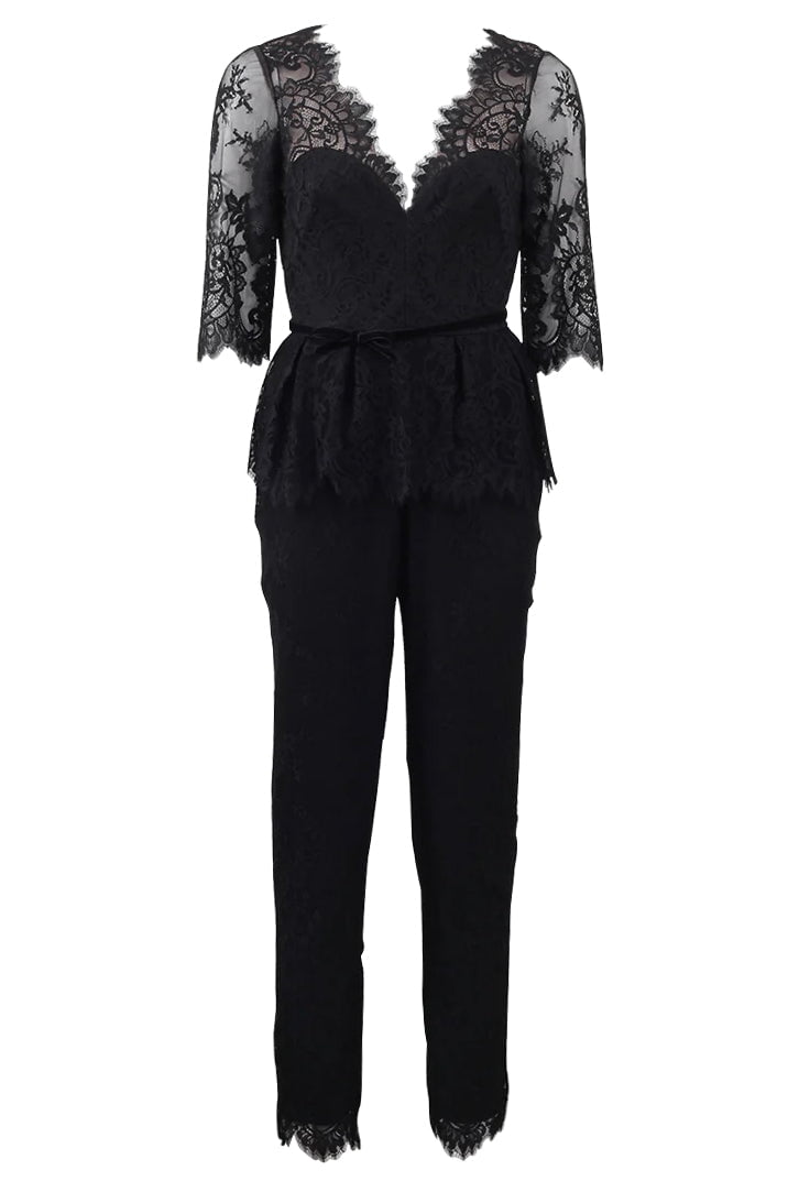 MARCHESA NOTTE-Belted Lace Jumpsuit-