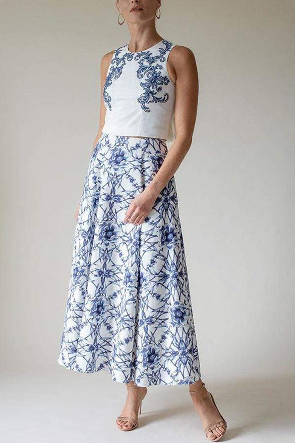 MARCHESA NOTTE-Sleeveless Beaded Crop Top and Skirt-BLUE